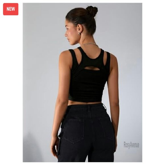 Cut Out Crop Tank Top - Stretchy Fitted Clubwear for Women - Picture 3 of 6